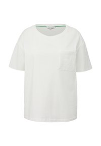 T-shirt blanc à manches courtes avec col rond et poche texturée sur la poitrine gauche, taille 14, marque "Triangle".
