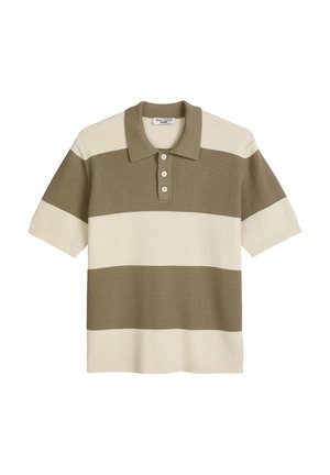 Kurzärmeliges Poloshirt mit breiten horizontalen Streifen in Beige und Oliv sowie drei Knöpfen auf der Knopfleiste.