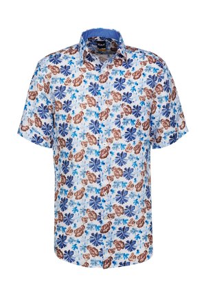 Camicia a maniche corte con bottoni di colore bianco, decorata con stampe floreali blu e marroni, dotata di colletto e una tasca sul petto. Tessuto in cotone.