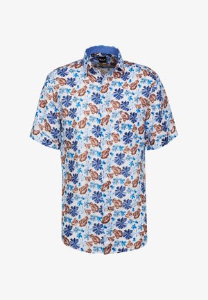 Camicia a maniche corte con bottoni di colore bianco, decorata con stampe floreali blu e marroni, dotata di colletto e una tasca sul petto. Tessuto in cotone.