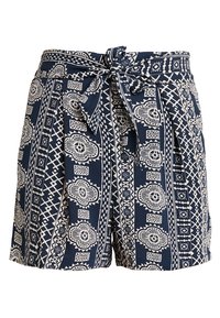 Marinblå mönstrade shorts med vit geometrisk och blommig design, med en knytmidja och plisserad framsida, gjorda av lättviktsmaterial.