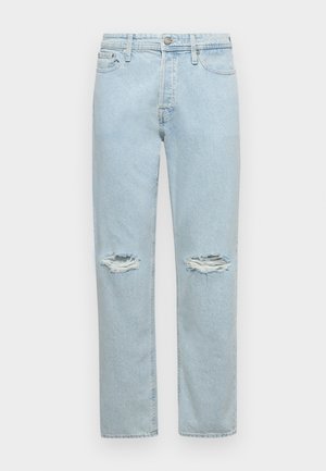 Helle blaue Denim-Jeans mit geradem Schnitt, zwei abgeriebenen Kniepatches und klassischem Fünf-Taschen-Design mit Druckknopfverschluss.