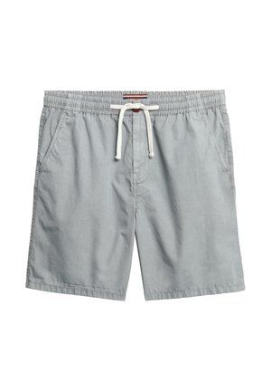 Light gray swim shorts made of soft fabric with an elastic waistband, adjustable drawstring, and side pockets. Classic design and simple texture.