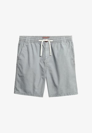 Lys grå svøm shorts lavet af blødt stof med elastisk talje, justerbar snor og sidelommer. Klassisk design og enkel tekstur.