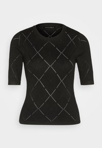 Svart kortärmad stickad topp med rund halsringning och subtilt diamants mönster av små perforeringar genom tyget.