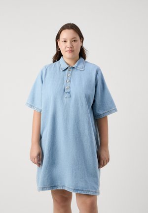 Denim dress in light blue with a collared neckline, short sleeves, and button detailing. Features a relaxed fit and side seam pockets.