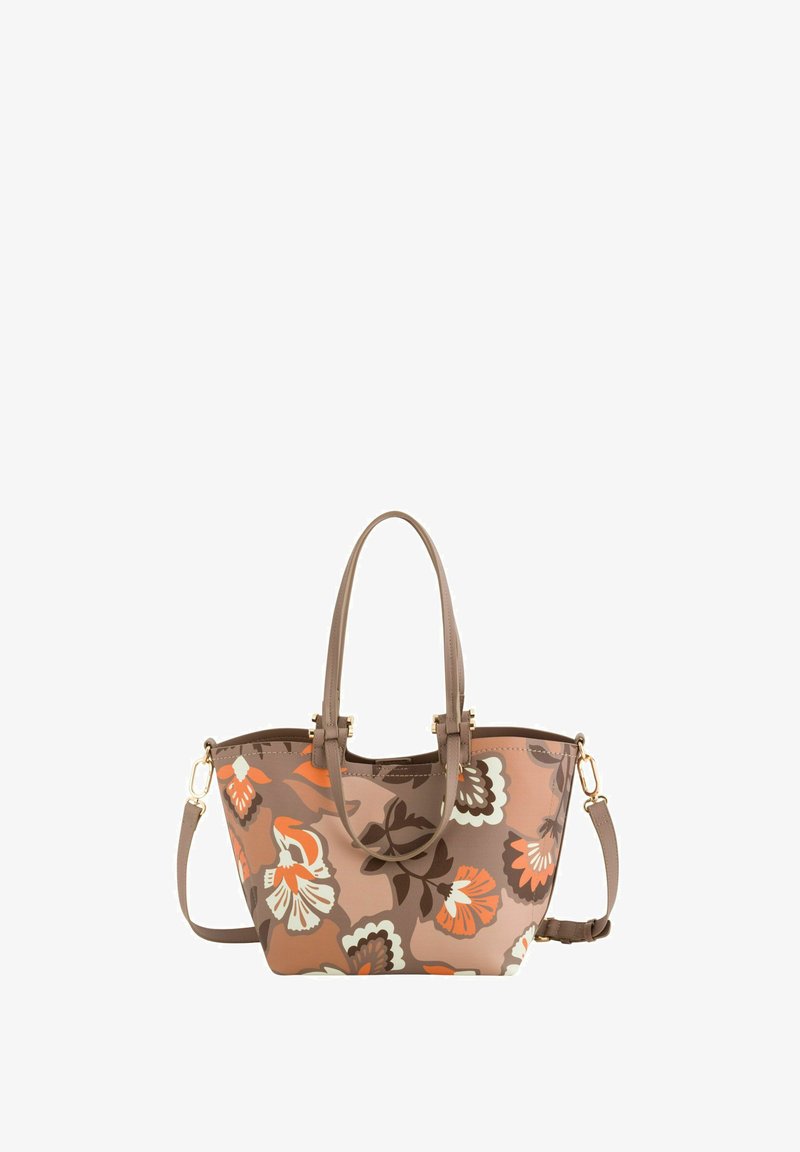 Bolso marrón con estampado floral en tonos naranja, crema y marrón oscuro, con dos asas superiores y correa de hombro desmontable con herrajes dorados.