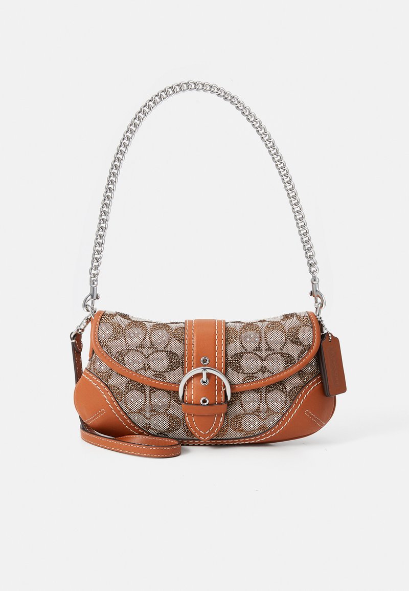 Τσάντα χειρός από καφέ δέρμα και χακί πλέγμα με στρογγυλό σχήμα, αλυσίδα για ώμο και λεπτομέρεια με κούμπωμα. Διαθέτει αντίθετη ραφή και ετικέτα.