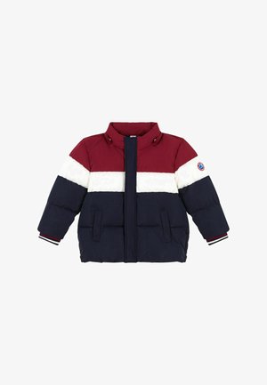 Giacca imbottita in bordeaux, bianco e blu navy. Presenta un colletto alto, chiusura frontale con zip e tasche laterali. Maniche a coste con righe.