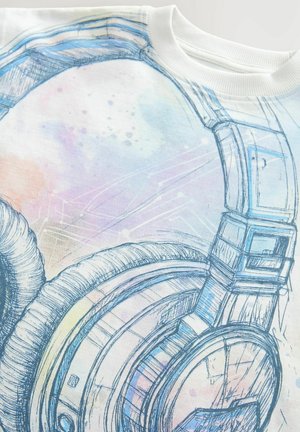 White sweatshirt featuring a blue sketch of headphones with a watercolor-like background displaying pastel colors and subtle splashes.