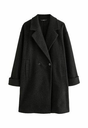 Manteau en mélange de laine noir avec un design à double boutonnage, des revers crantés, des poches latérales et des poignets retroussés. Tissu texturé et chaud.