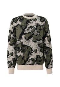Sweter z okrągłym dekoltem w abstrakcyjny wzór w kamuflażu w odcieniach zieleni, czerni i beżu, z prążkowanymi mankietami i dolnym wykończeniem.