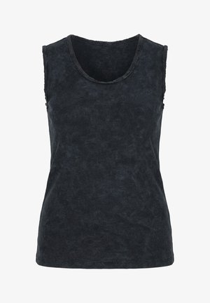 Zwart mouwloos tanktop van ribstof met ronde halslijn en onafgewerkte randen, weergegeven op een witte achtergrond.