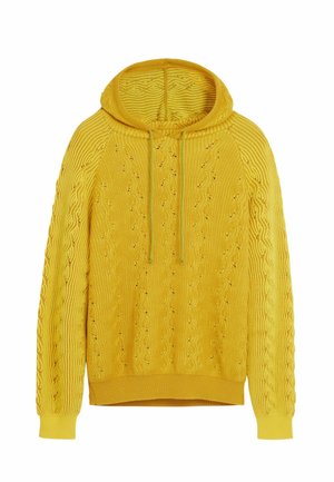 Felpa gialla lavorata a maglia con motivo testurizzato, cappuccio con coulisse e polsini e orlo a coste. Il tessuto presenta un design ondulato.