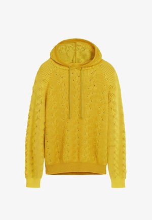 Gelber Strickhoodie mit strukturiertem Muster, Kordelzugkapuze und gerippten Bündchen und Saum. Der Stoff zeigt ein wellenförmiges Design.