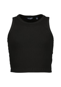 Top corto nero a coste con scollatura rotonda e design senza maniche. Realizzato in materiale elasticizzato con una silhouette aderente.
