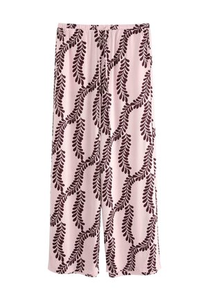 Pantaloni rosa con un design a gamba larga, caratterizzati da una stampa a foglie color bordeaux. Vita elasticizzata con dettagli a cordoncino. Tessuto morbido.