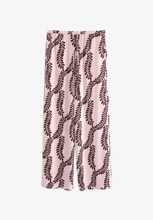 Rosa byxor med vida ben, prydda med ett vinrött bladmönster. Elastisk midja med dragsko. Slät tygkänsla.