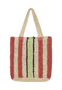 Sac en toile tissé avec des rayures verticales rouges, vertes, noires et crème. Forme rectangulaire avec deux poignées texturées.