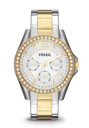 Fossil tofarvet metal armbåndsur med guldfarvet og sølvfarvet armbånd, krystaller på ring, hvid skive, guldmarkører og tre under-skiver.