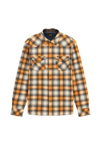 Camicia a maniche lunghe a quadri nei colori arancione, nero e bianco. Presenta una chiusura frontale con bottoni, due tasche sul petto e un colletto standard. Tessuto morbido.