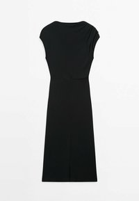 Robe noire sans manches longueur genou avec légères fronces aux épaules et taille ajustée, présentée à plat sur fond blanc.