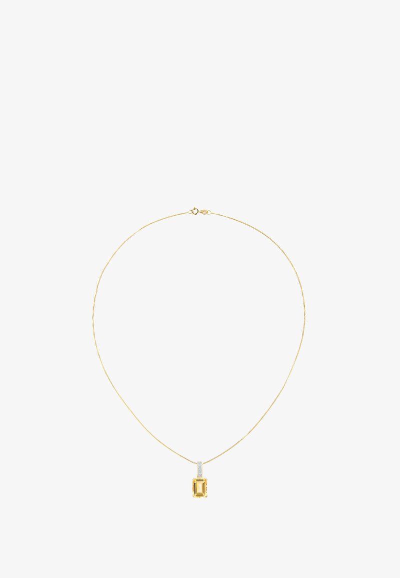 Guldkæde med en rektangulær gul ædelsten pendants. Har en sølvaccent med små klare sten, glat tekstur.