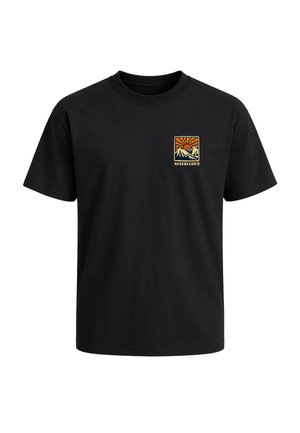 Black short-sleeve t-shirt with a small orange and beige mountain and sun graphic on the left chest, text "NEVERLESS" below the design.