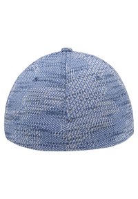 Blauw en grijs patroon pet, ronde vorm, textiel met een subtiele weving, met een kleine bovenknop en gestikte accenten.