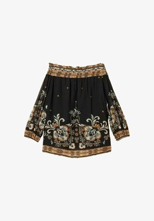 Blusa nera con spalle scoperte e maniche lunghe, con motivi floreali e paisley beige e bianchi e collo e polsini elasticizzati.