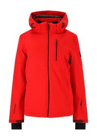 Veste d'hiver rouge avec capuche, fermeture éclair frontale, poche poitrine et poignets noirs réglables sur fond blanc.