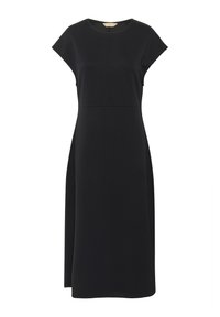 Melnā kleita ar pieguļošu augšu, izplestu svārku, kapuču piedurknēm, apaļu dekoltē un slēptu aizmugurējo rāvējslēdzēju. Gluda tekstūra, minimālisma dizains.