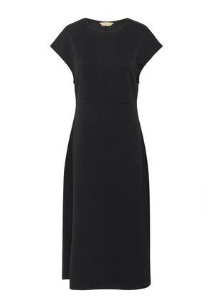 Black dress with a fitted bodice, flared skirt, cap sleeves, round neckline, and a concealed back zip. Smooth texture, minimalist design.