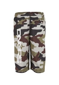 Shorts à motif camouflage avec taille élastique, poche zippée à l'arrière et grand texte blanc "DNGRS" sur la jambe gauche.