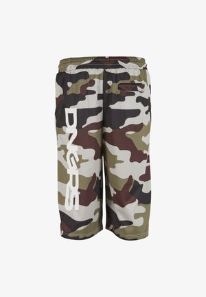 Kahvatudere mustriga lühikesed püksid, elastse vöökohaga, tagumisel küljel lukuga tasku ja vasakul jalal suur valge "DNGRS" tekst.