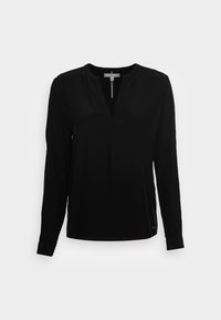 Top nero a maniche lunghe realizzato in tessuto liscio, con scollo a V, vestibilità leggermente ampia e polsini con bottoni. Design minimalista senza motivi.