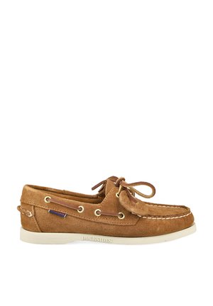Brown suede boat shoe with white sole, leather laces, and stitching details on a white background, side view.