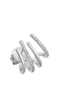 Boucle d'oreille en argent comportant trois brins courbés et ondulés, dont un orné de strass transparents, finition polie, design moderne.