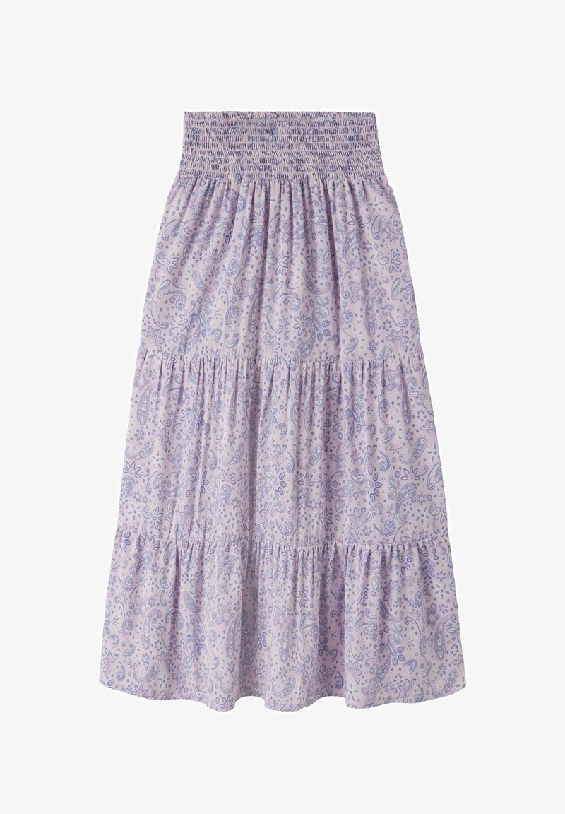 Fustă cu volane lavandă cu talie strânsă, având un model delicat paisley și floral în tonuri de mov și roz.