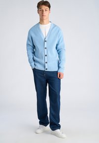 Giovane uomo in piedi che indossa un cardigan azzurro chiuso con bottoni, una maglietta bianca, jeans blu scuro e sneakers bianche su sfondo neutro.