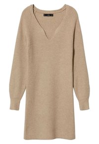 Beiges Strickkleid mit V-Ausschnitt, langen Ärmeln und geripptem Textil, das eine entspannte Passform und minimale Details bietet.