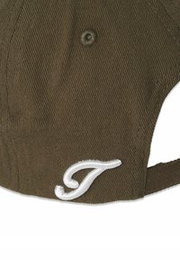 Olive green cap with textured fabric, featuring a white embroidered logo on the side and an adjustable strap at the back.