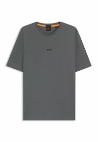 Harmaa lyhythihainen crewneck T-paita, jossa on "BOSS"-logo keskellä rintaa ja oranssi reunus kauluksessa.