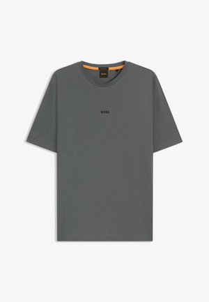 T-shirt à col ras du cou gris à manches courtes avec logo "BOSS" centré sur la poitrine et bord orange à l'intérieur du col.