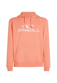 Korallefarbener Hoodie aus weichem Stoff, mit einer Fronttasche, einer Kordelzugkapuze und einem großen weißen O'Neill-Logo auf der Brust.