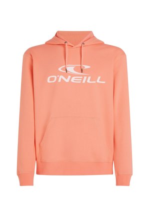 Koraal kleurige hoodie van zacht materiaal, voorzien van een voorzak, een trekkoordcapuchon en een groot wit O'Neill-logo op de borst.
