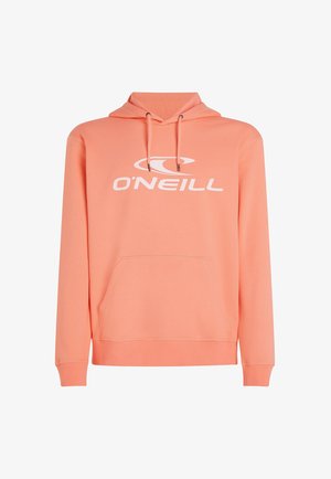 Koraal kleurige hoodie van zacht materiaal, voorzien van een voorzak, een trekkoordcapuchon en een groot wit O'Neill-logo op de borst.