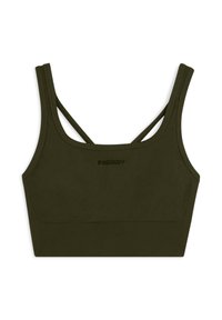 Sujeción deportiva de color verde oscuro con una textura acanalada. Cuenta con tirantes anchos, una silueta ajustada y un logotipo visible en la parte delantera.