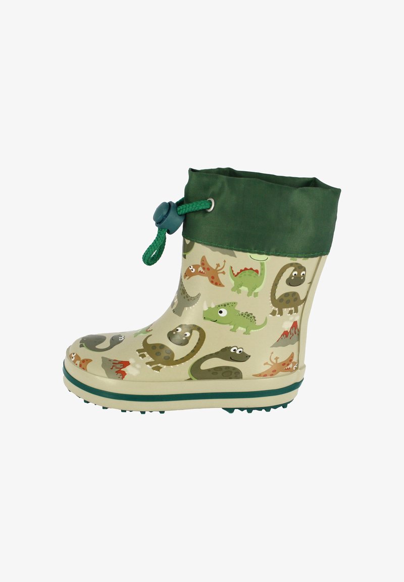 Botte de pluie en caoutchouc avec un corps beige orné de motifs de dinosaures colorés, un haut repliable vert et une semelle texturée pour une meilleure adhérence.