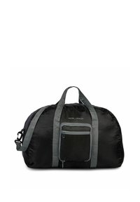 Black duffel bag made of lightweight material with gray straps, a front zip pocket, and a rounded shape. Textured surface with diagonal patterns.